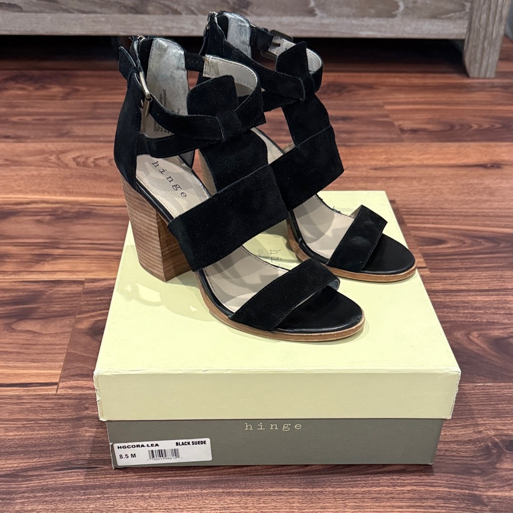 Hinge Black Suede Block Heel Sandals